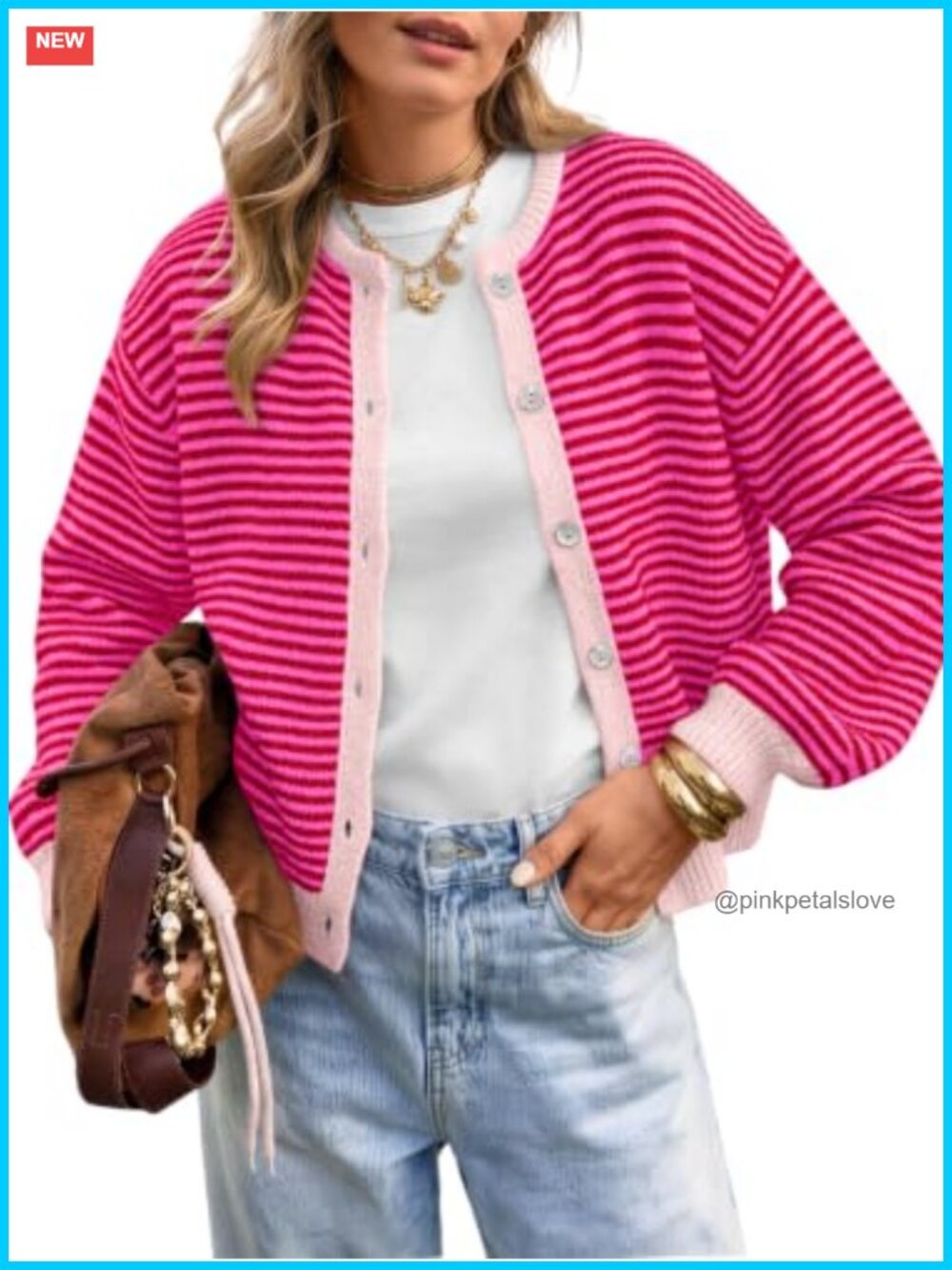Striped Cardigan Sweater for Women Soft Knit Button Down Crew Neck Long Sleeve